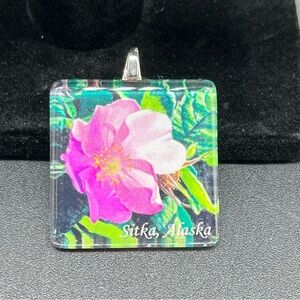 Sitka Alaska Pink Flower Glass Tile Pendant Square Souvenir Charm